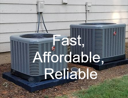 Two air conditioners are sitting outside of a house with the words fast affordable reliable below them