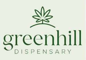 A logo for Greenhill Dispensary featuring a dark green cannabis leaf icon above a hill, with text in dark green.