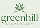 A logo for Greenhill Dispensary featuring a dark green cannabis leaf icon above a hill, with text in dark green.