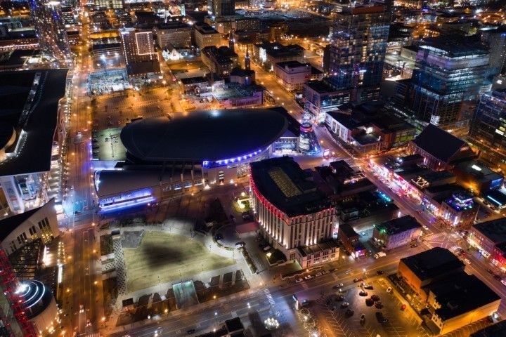 Nashville night skyline with glowing Bridgestone Arena at its center