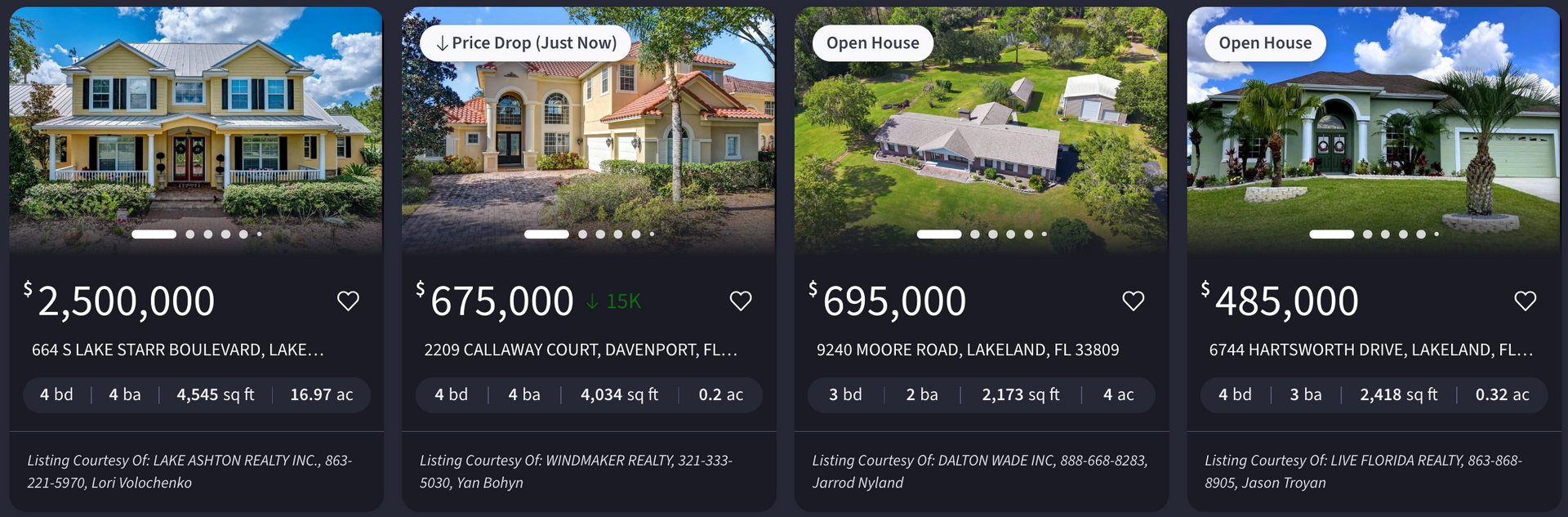 Four houses with prices displayed.