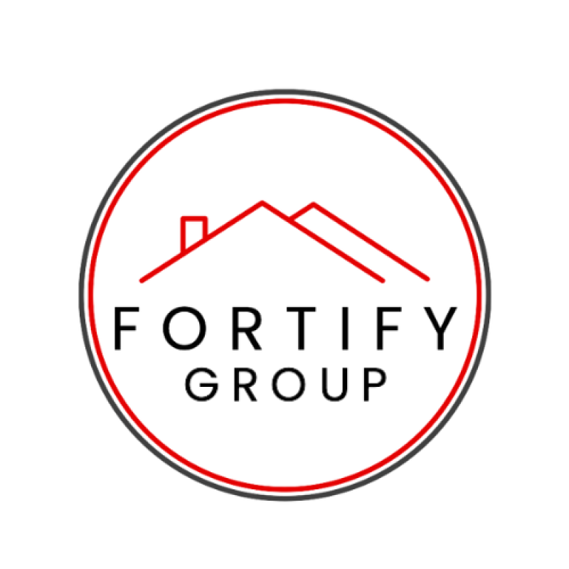 Logo for Fortify Group, featuring a red rooftop icon inside a white and red circular border. 