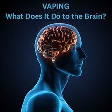 Picture of a brain inside a blue transparent man, with the words Vaping - What Does It Do to the Brain: 