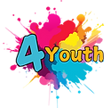 Logo for "4 Youth" with a blue "4" and yellow "Youth" over colorful paint splatters.