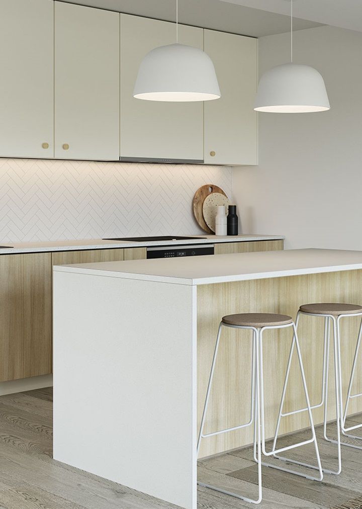 A Kitchen with A Large Island and Two Stools — Thats Tops by Design in Taminda, NSW