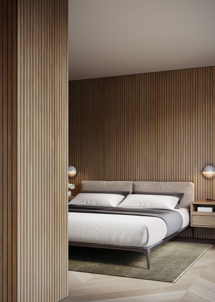 A Bedroom with A Bed, Nightstand, and Wooden Walls — Thats Tops by Design in Taminda, NSW