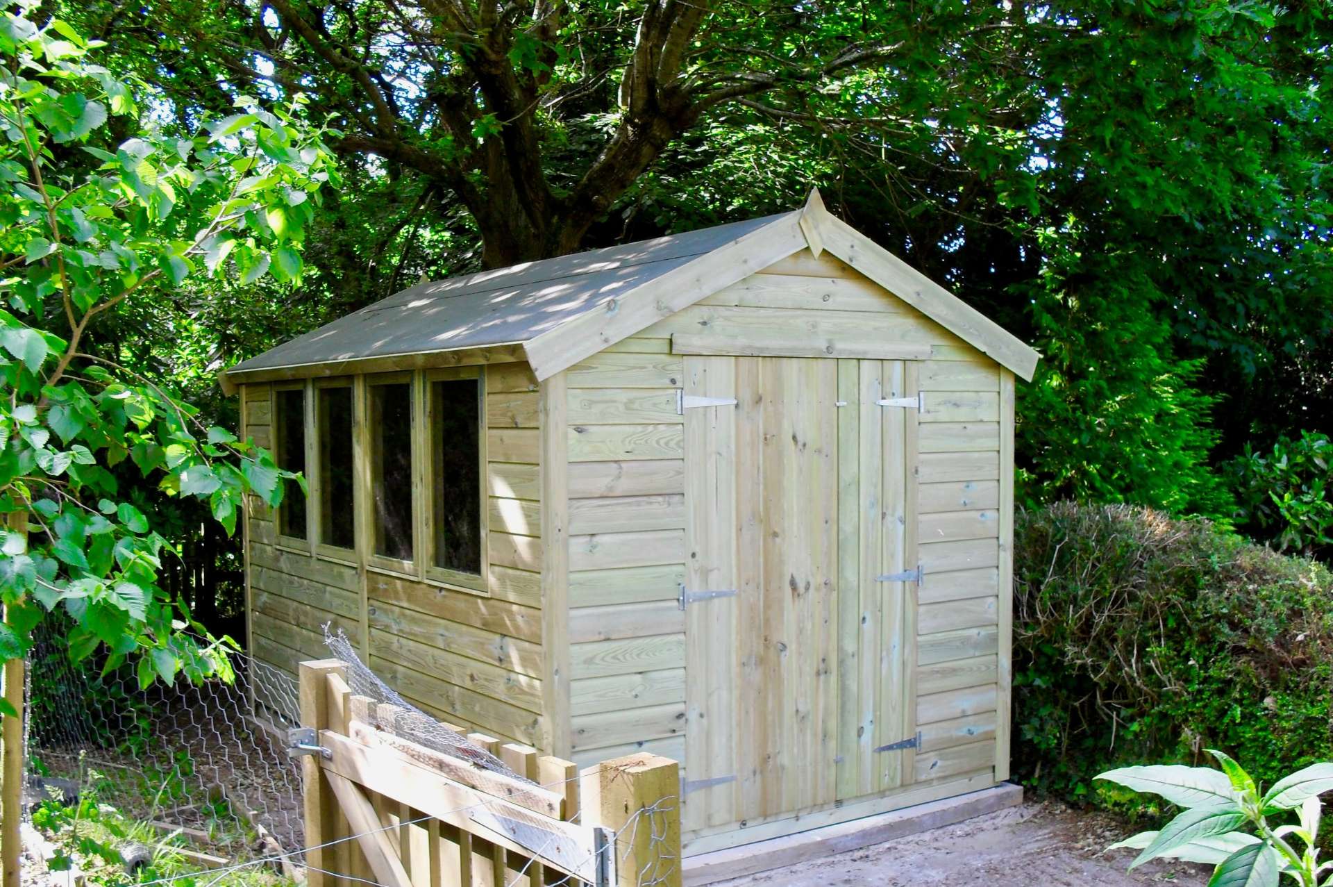Apex work shop shed with angled roof four windows and door to the side