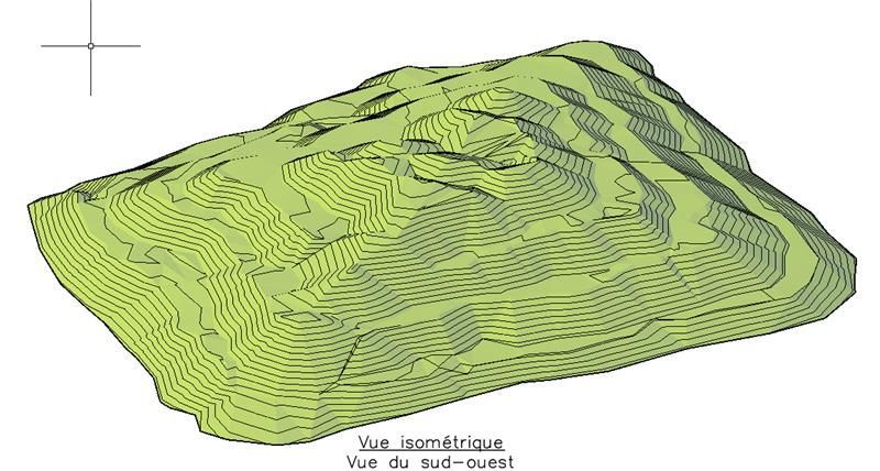 Vue isométrique d'une colline ou d'un monticule représenté par des courbes de niveau vertes sur fond blanc.