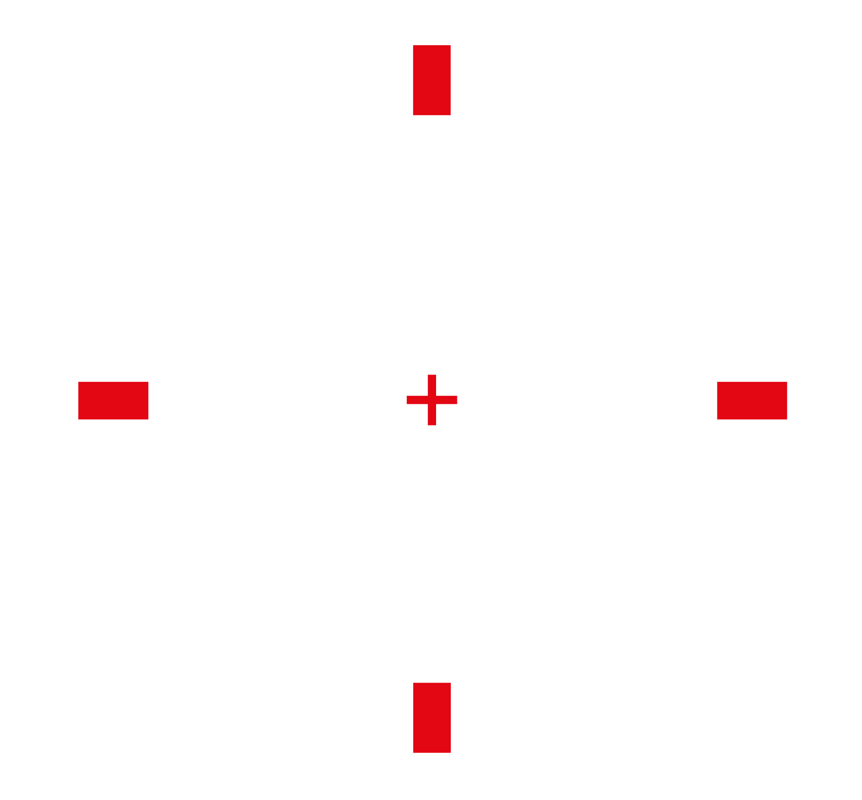 Un réticule rouge sur fond blanc, comportant quatre graduations rectangulaires autour d'une petite croix centrale.