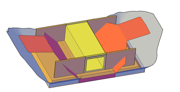 Maquette architecturale en coupe 3D montrant une structure rectangulaire centrale jaune à l'intérieur d'une pièce aux cloisons colorées.
