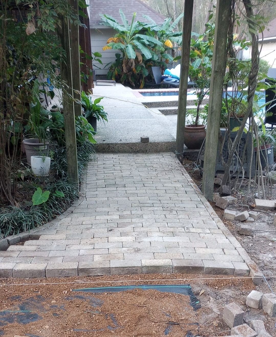 Brick pathway leading uphill towards a pool, lined with trees and plants.