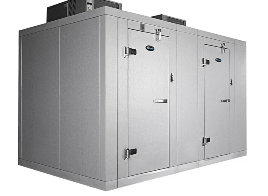 A large white refrigerator with a lot of doors on a white background.