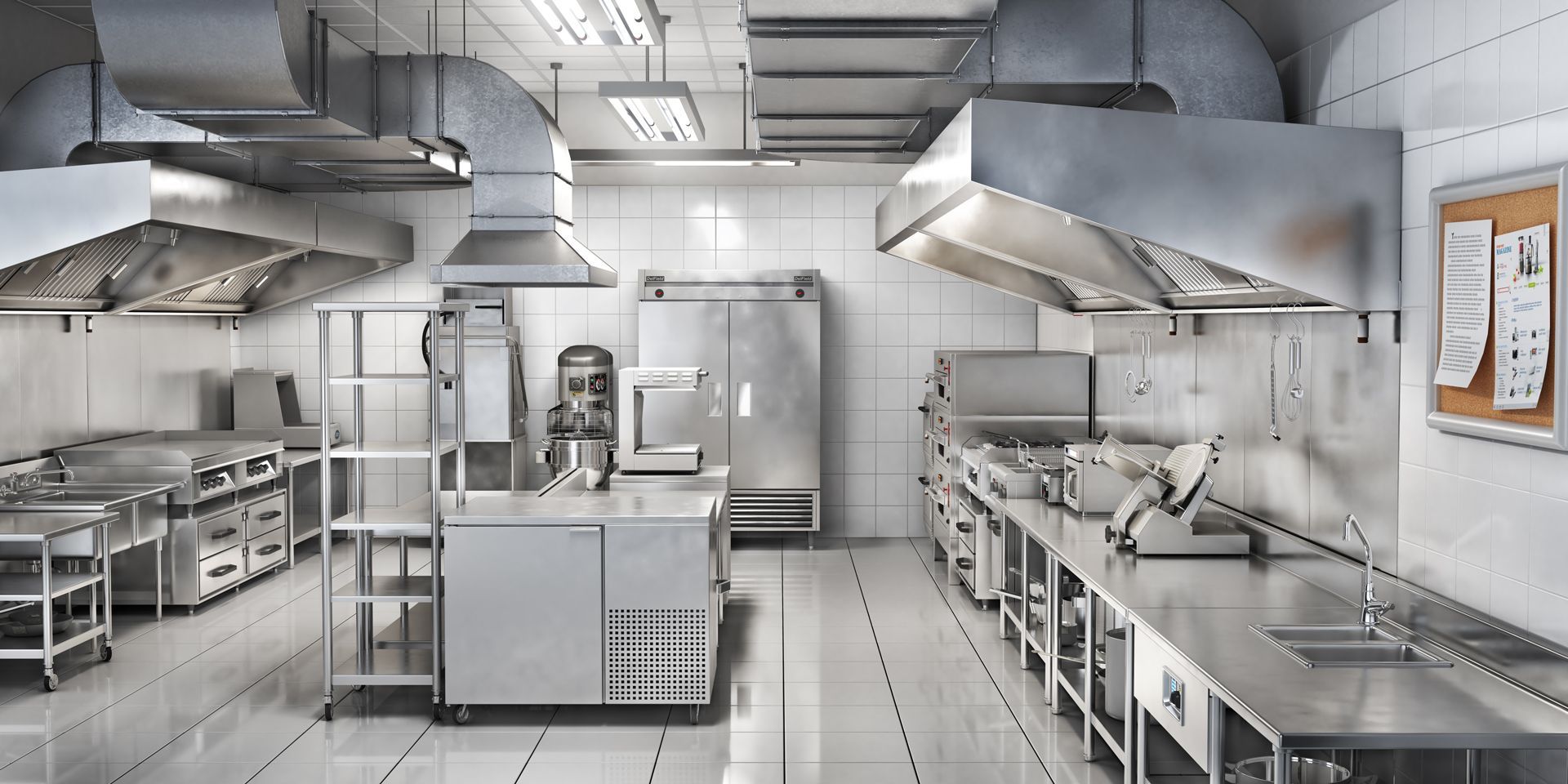 A large commercial kitchen with a lot of stainless steel appliances