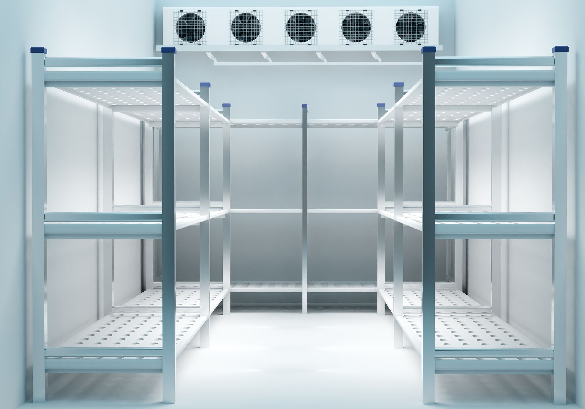 An empty refrigerator with stainless steel shelves and fans