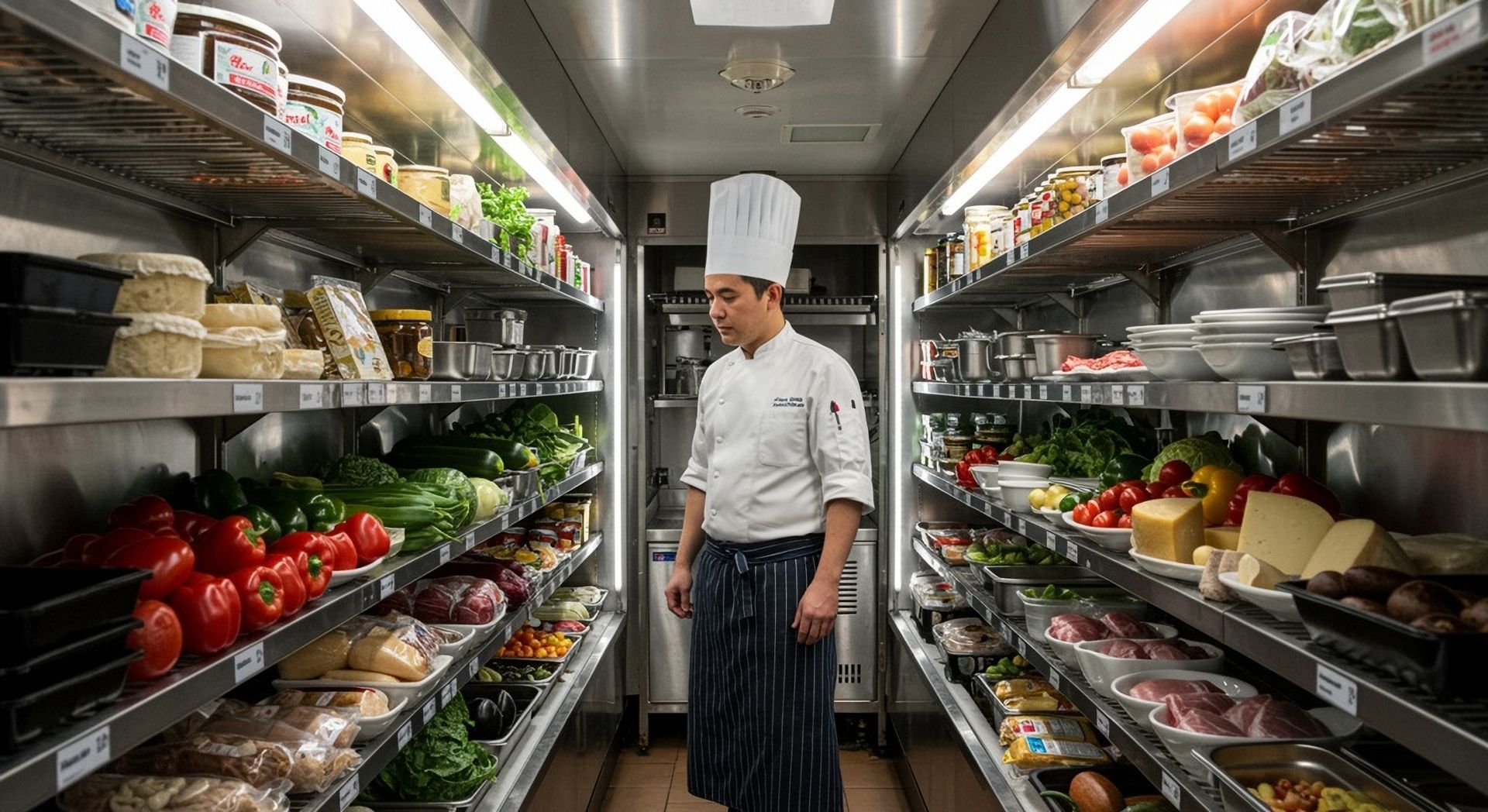 A chef is standing in a refrigerator filled with fruits and vegetables