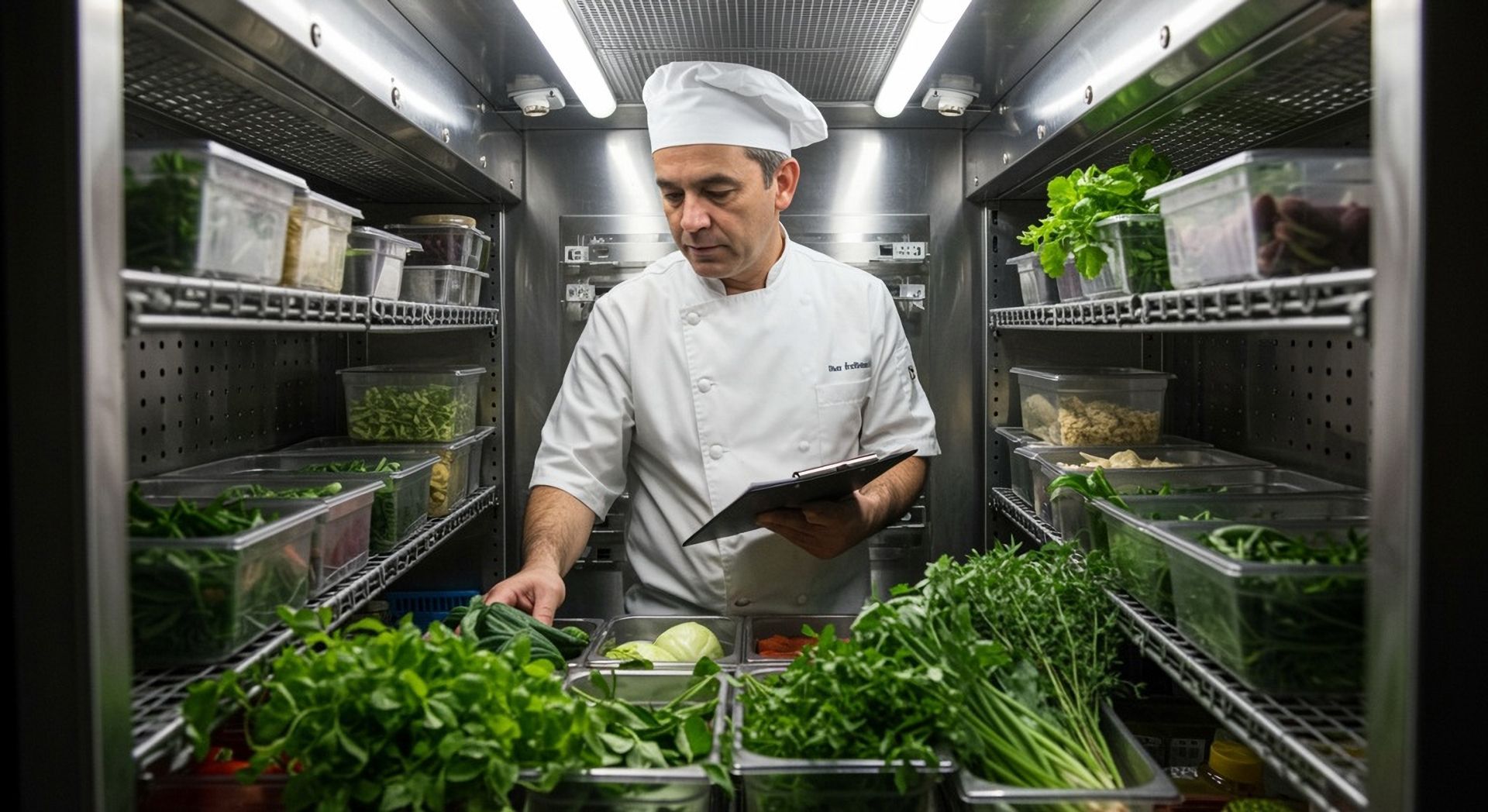 A chef is looking at a clipboard in a refrigerator filled with vegetables