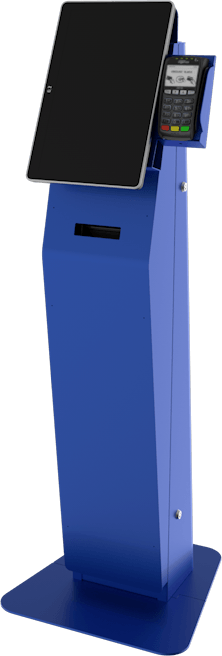the Austin Payment Kiosk in blue with a computer in portrait orientation