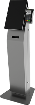 the Austin Payment Kiosk in silver with a computer in portrait orientation