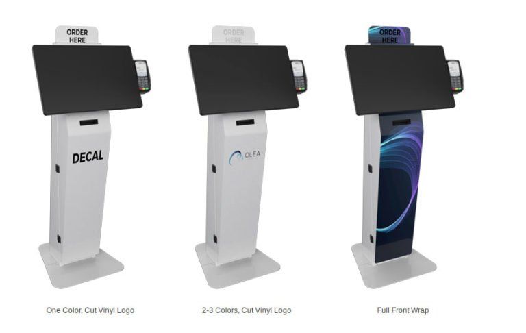 3 options for the Austin kiosk: 1. One Color, Cut Vinyl Logo; 2. 2-3 Colors, Cut Vinyl Logo; 3. Full Front Wrap