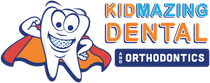 The logo for Kidmazing Dental and Orthodontics shows a tooth wearing braces and a cape.