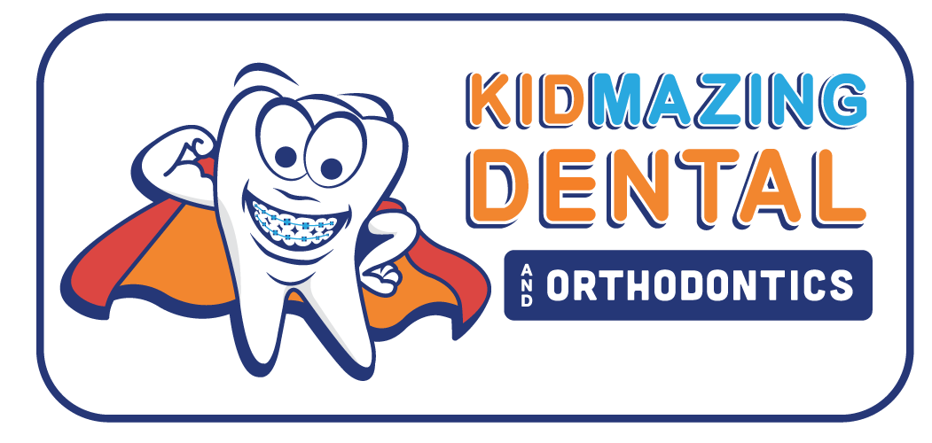 The logo for kidmazing dental orthodontics shows a tooth wearing braces and a cape.