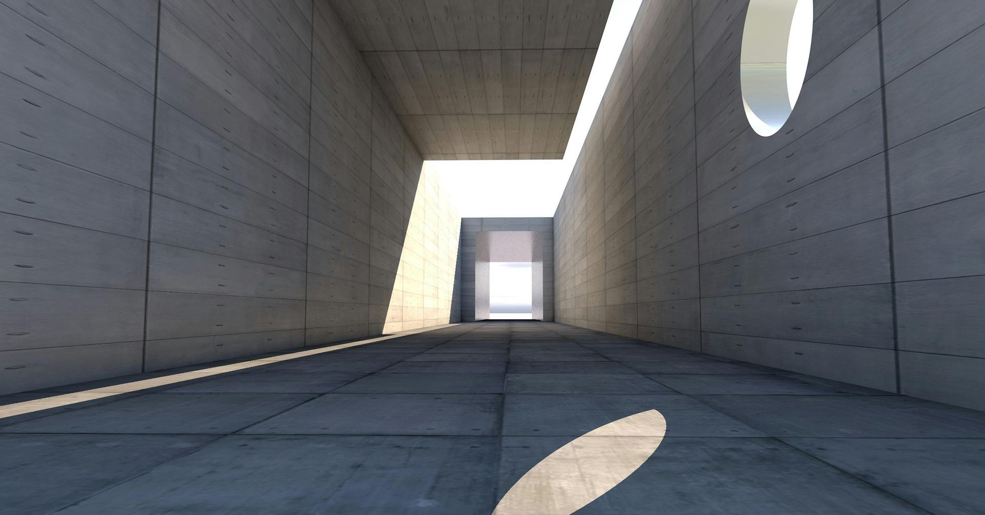 Concrete hallway with bright light at the end, suggesting a portal or exit.