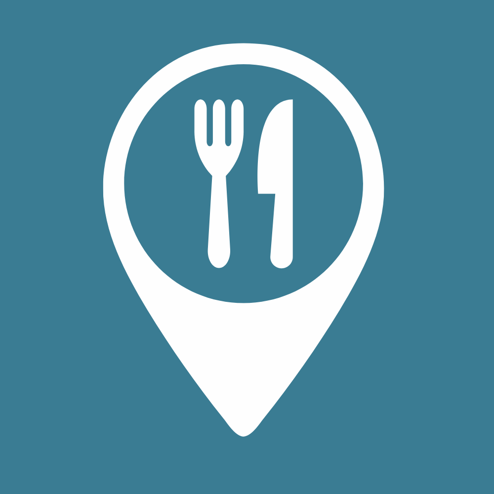 White fork and knife icon inside a location marker, on a teal background.