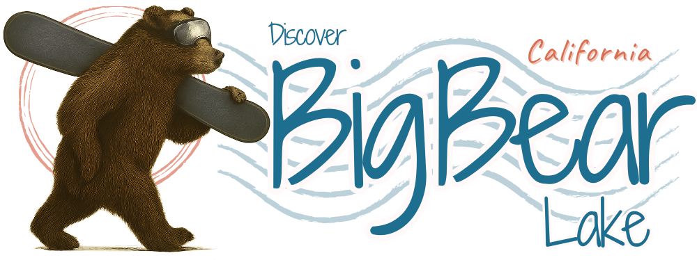 Bear with sunglasses carrying a snowboard. Discover Big Bear Lake logo.