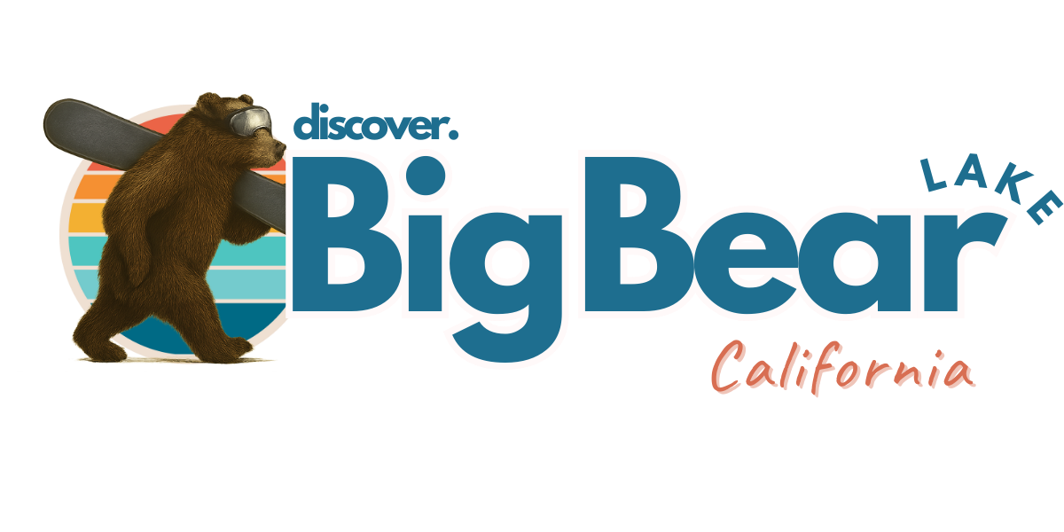 Big Bear Lake California logo: Bear carrying a snowboard, sunset backdrop.