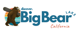 Big Bear Lake California logo: Bear carrying a snowboard, sunset backdrop.