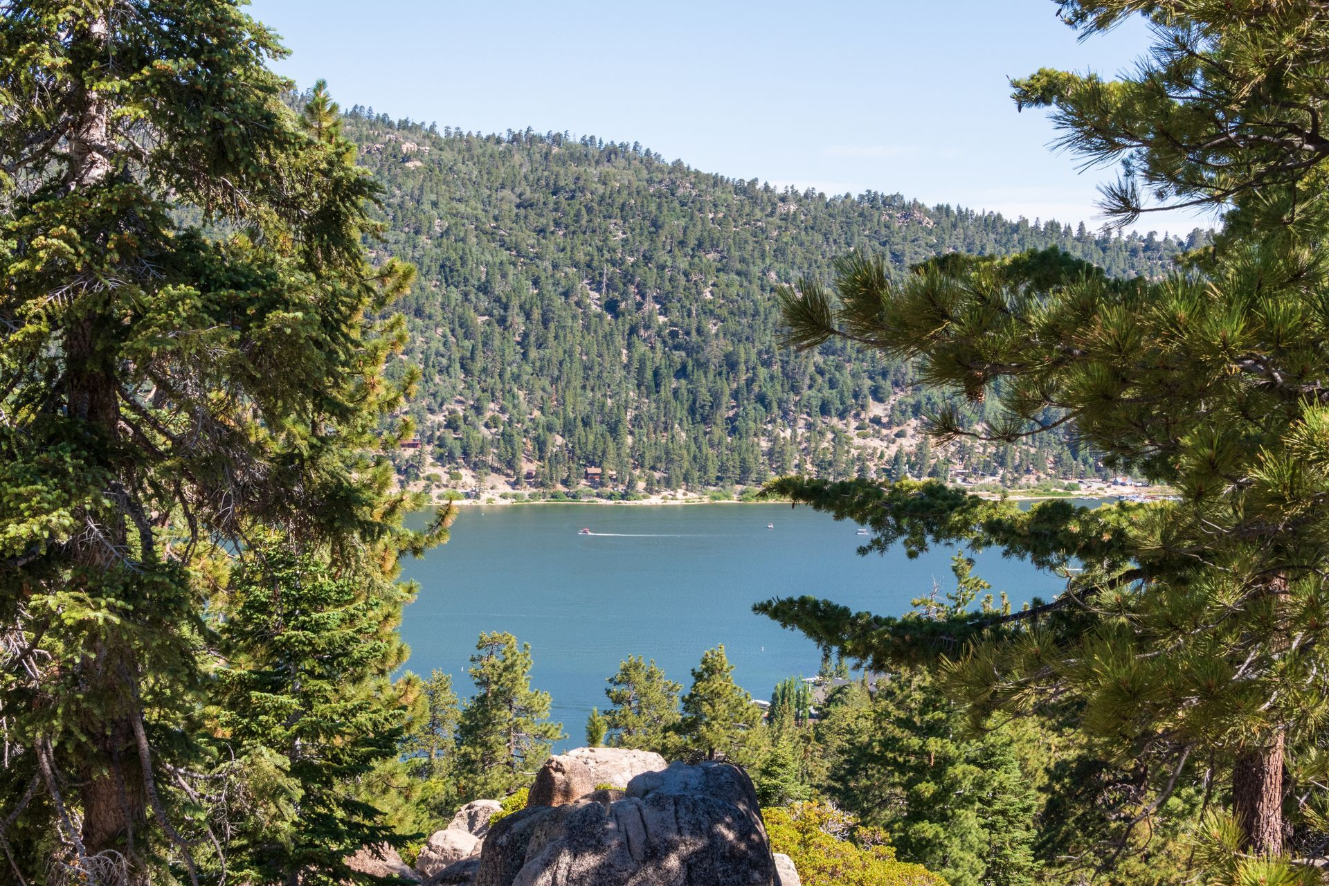 Big Bear Lake surrounded by green pine trees and forest, viewed from rocky area on a sunny day.