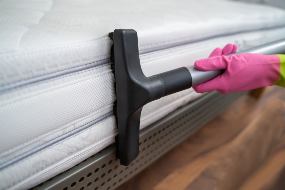 A person is cleaning a mattress with a vacuum cleaner.