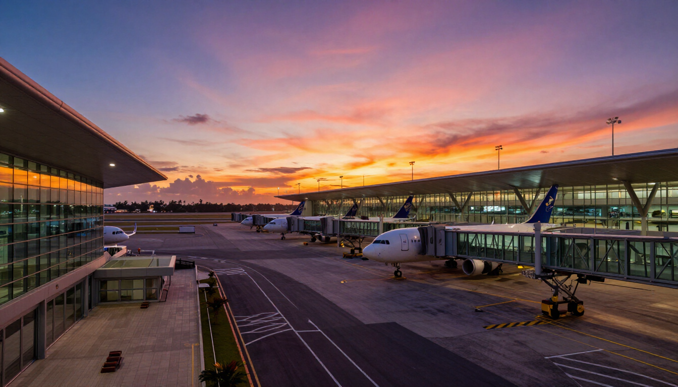 Vue de l'aéroport de Tontouta au coucher du soleil avec des voyageurs.