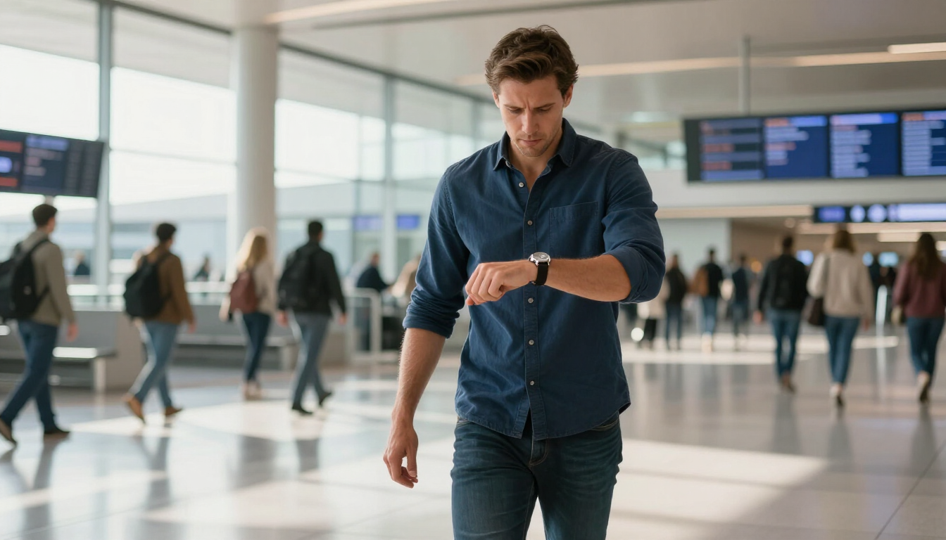 Voyageur stressé regardant sa montre à l'aéroport