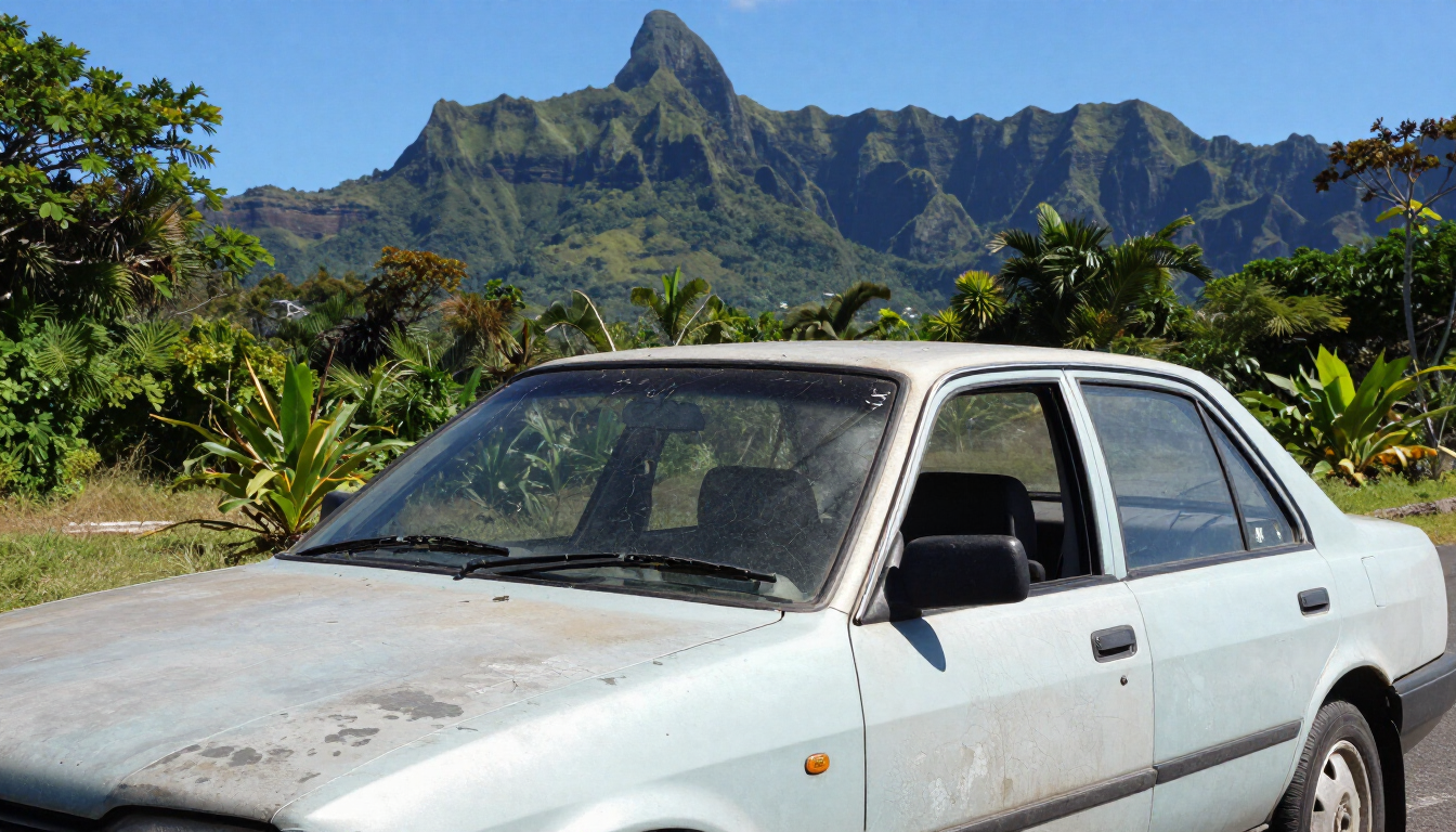 Voiture protégée du soleil dans un parking couvert à Tontouta