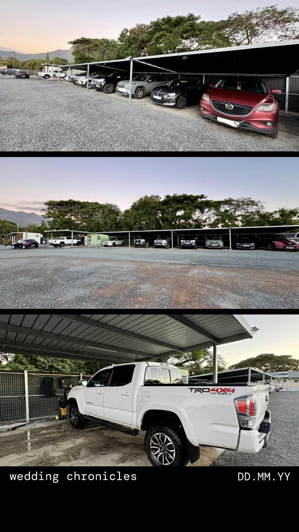 Parking Auto Safe Tontouta près de l’aéroport de La Tontouta en Nouvelle-Calédonie avec voitures garées sous abris sécurisés et service de lavage pour véhicules longue durée