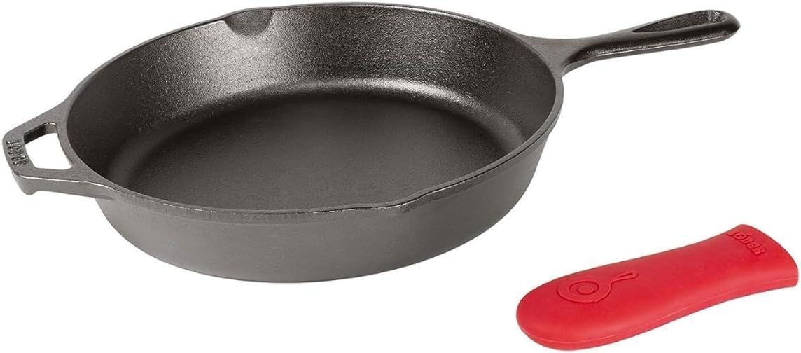 A cast iron skillet with a red handle on a white background.