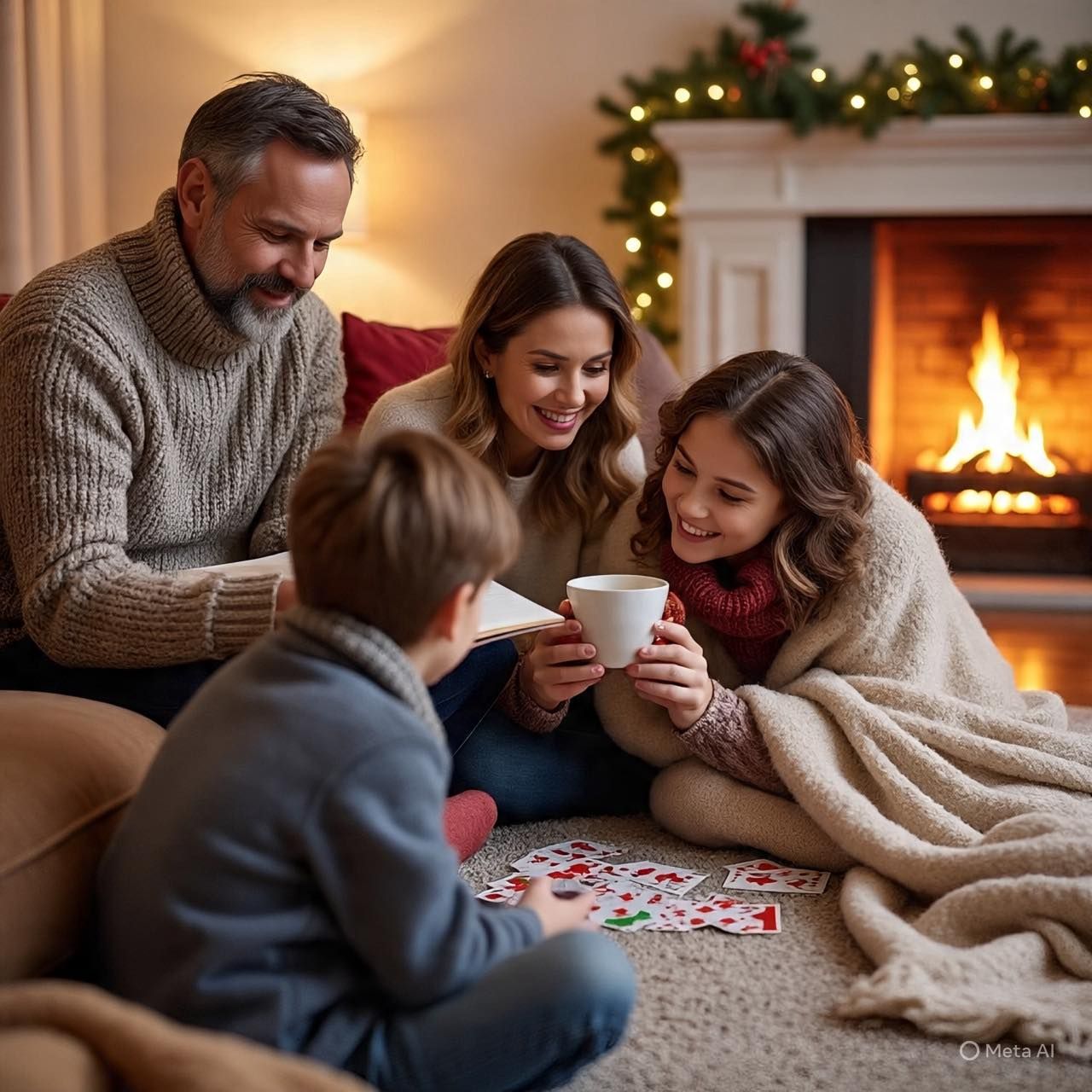 A family plays a card game together on the floor by a cozy fireplace decorated for the holidays.