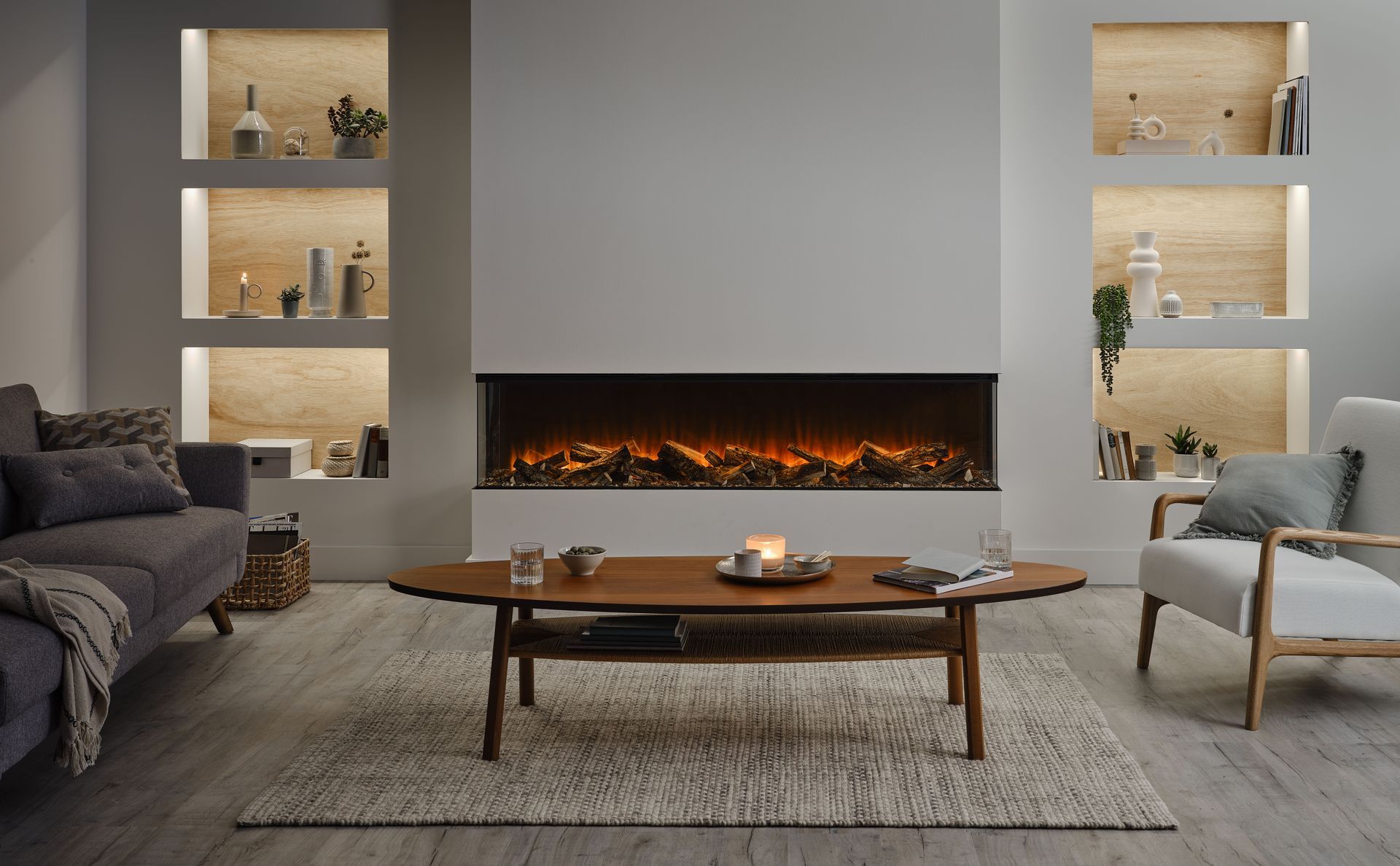 Electric fire with a coffee table in front