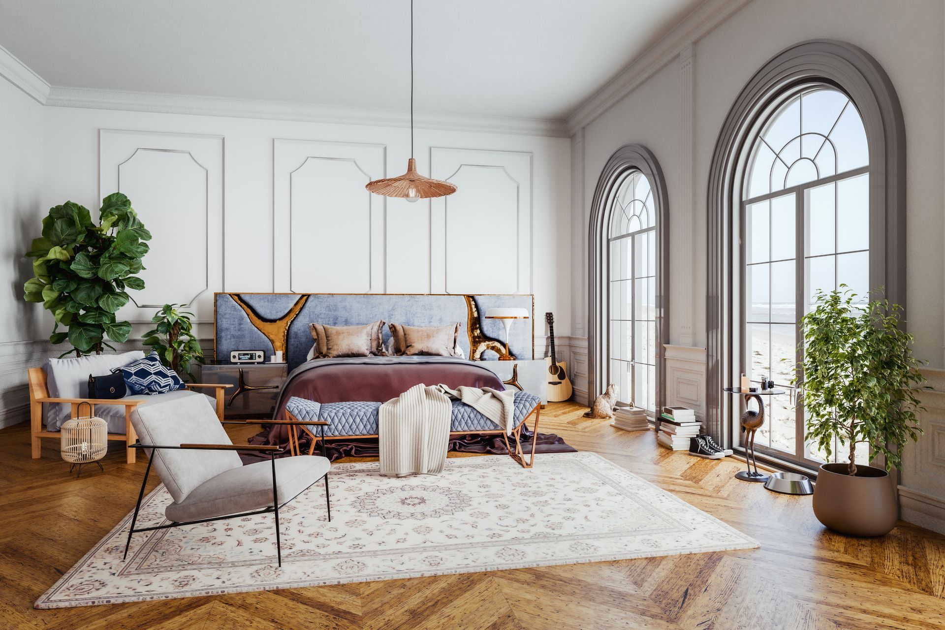 A bedroom with a large bed , chairs , a rug and lots of windows.