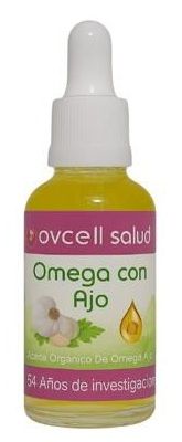 Frasco de Omega con gotas de ajo. Marca "Ovcell Salud".