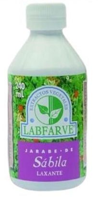 Botella de jarabe laxante LABFARVE Síbila con etiqueta verde y morada.