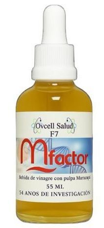Frasco de líquido "Mfactor" con gotero, líquido amarillo en su interior. La etiqueta dice "Ovcell Salud".