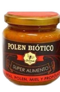 Tarro de "Polen Biótico" con tapa dorada, etiqueta oscura y texto que dice "Super Alimento", con miel y polen.