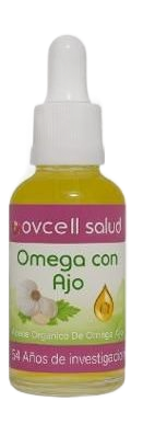 Botella de aceite Omega con ajo, con gotero. Etiquetas en español.