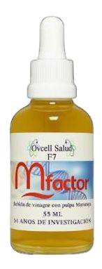 Frasco de líquido amarillo con gotero. Etiqueta: "Mfactor" con texto en español.