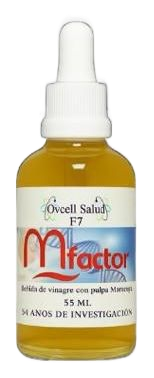 Un frasco de medicamento líquido. Tiene un gotero y una etiqueta con la inscripción "Mfactor".