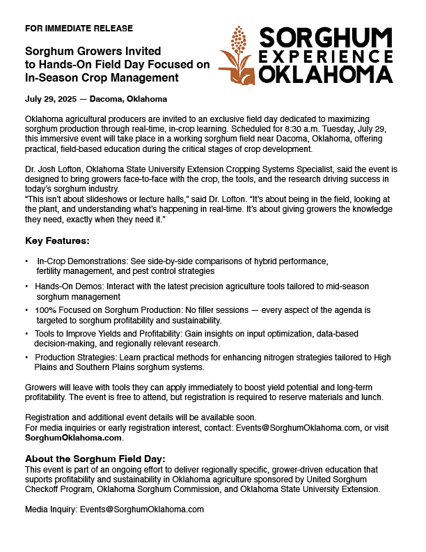 A white sheet of paper with the words sorghum experience oklahoma on it.