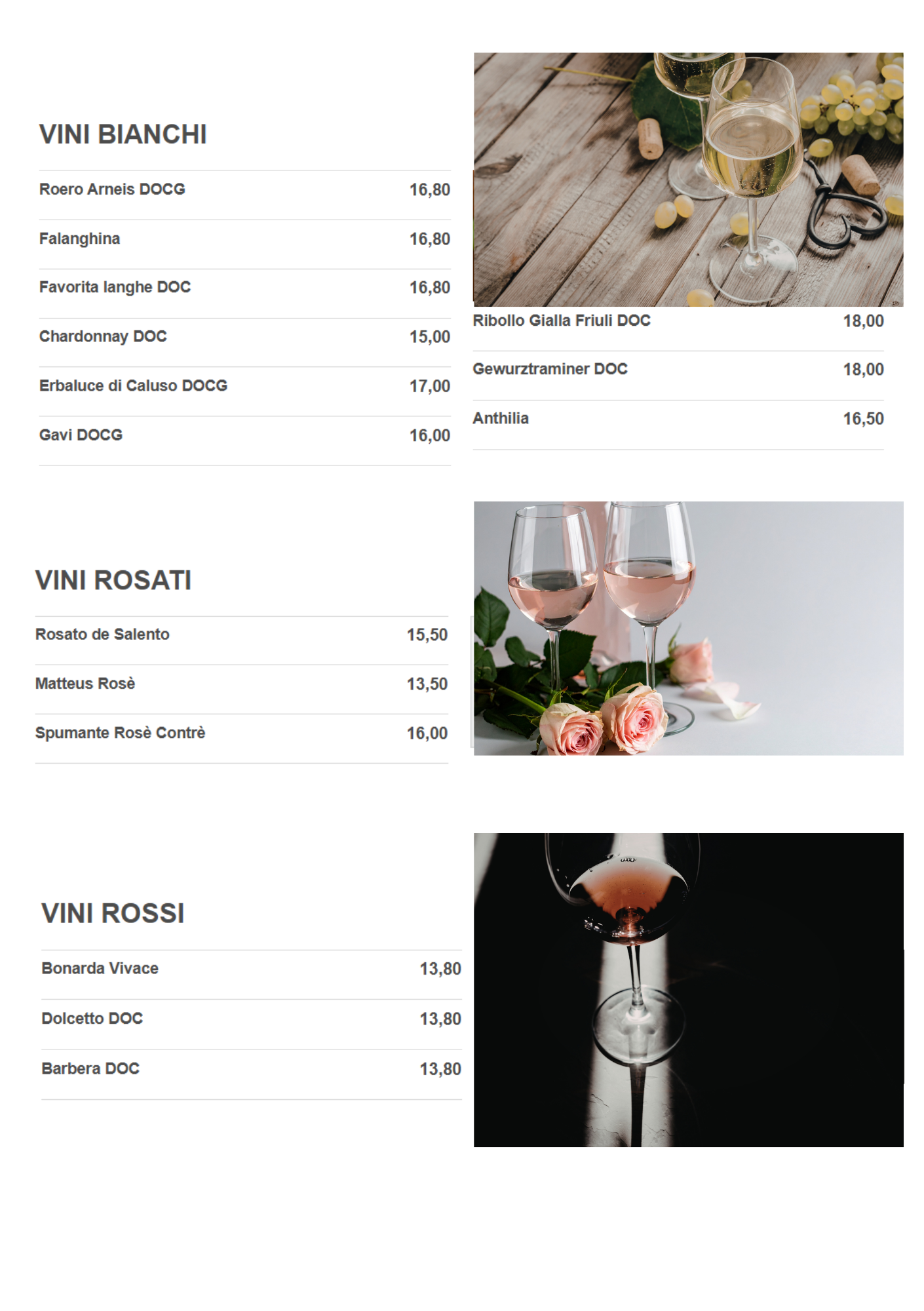 Carta dei vini con vini bianchi e rosati, i cui prezzi sono indicati in un listino accanto alle foto dei bicchieri e delle porzioni.