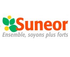 Le logo suneor est orange, vert et jaune et dit « ensemble, soyons plus forts ».